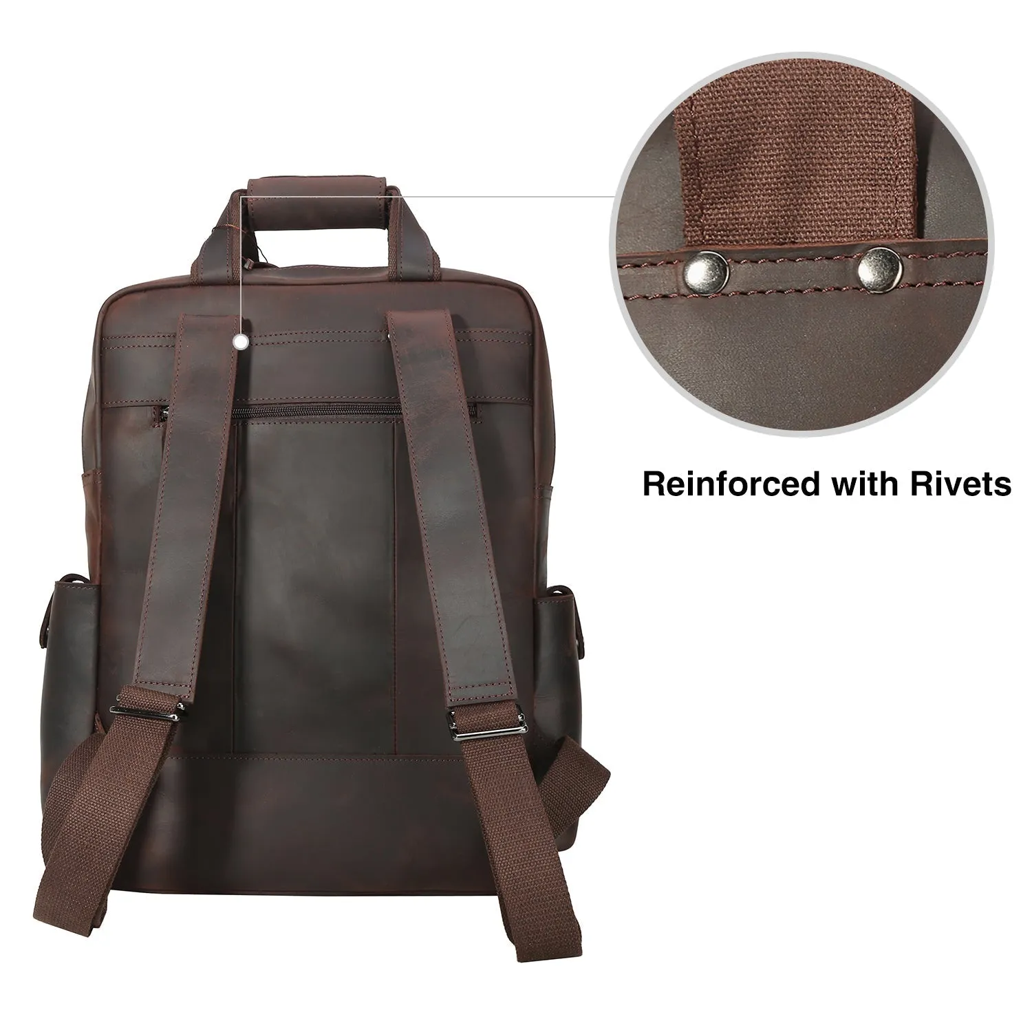 Cowhide Leather Multiple Laptop School Backpack Day pack Travel Bag Satchel with Zippers