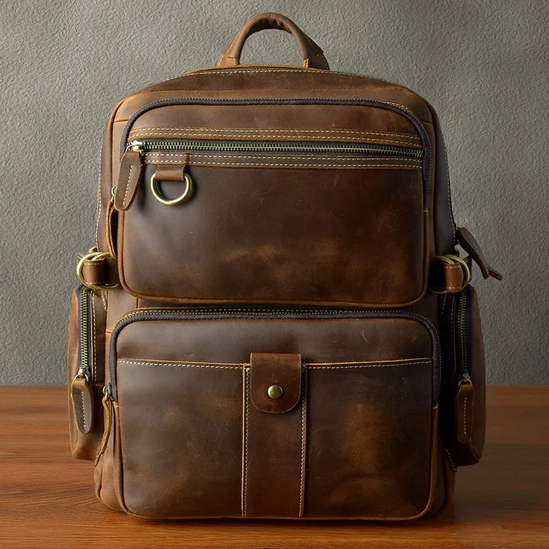 Mens Full Grain Leather 14 Inches Laptop Backpack