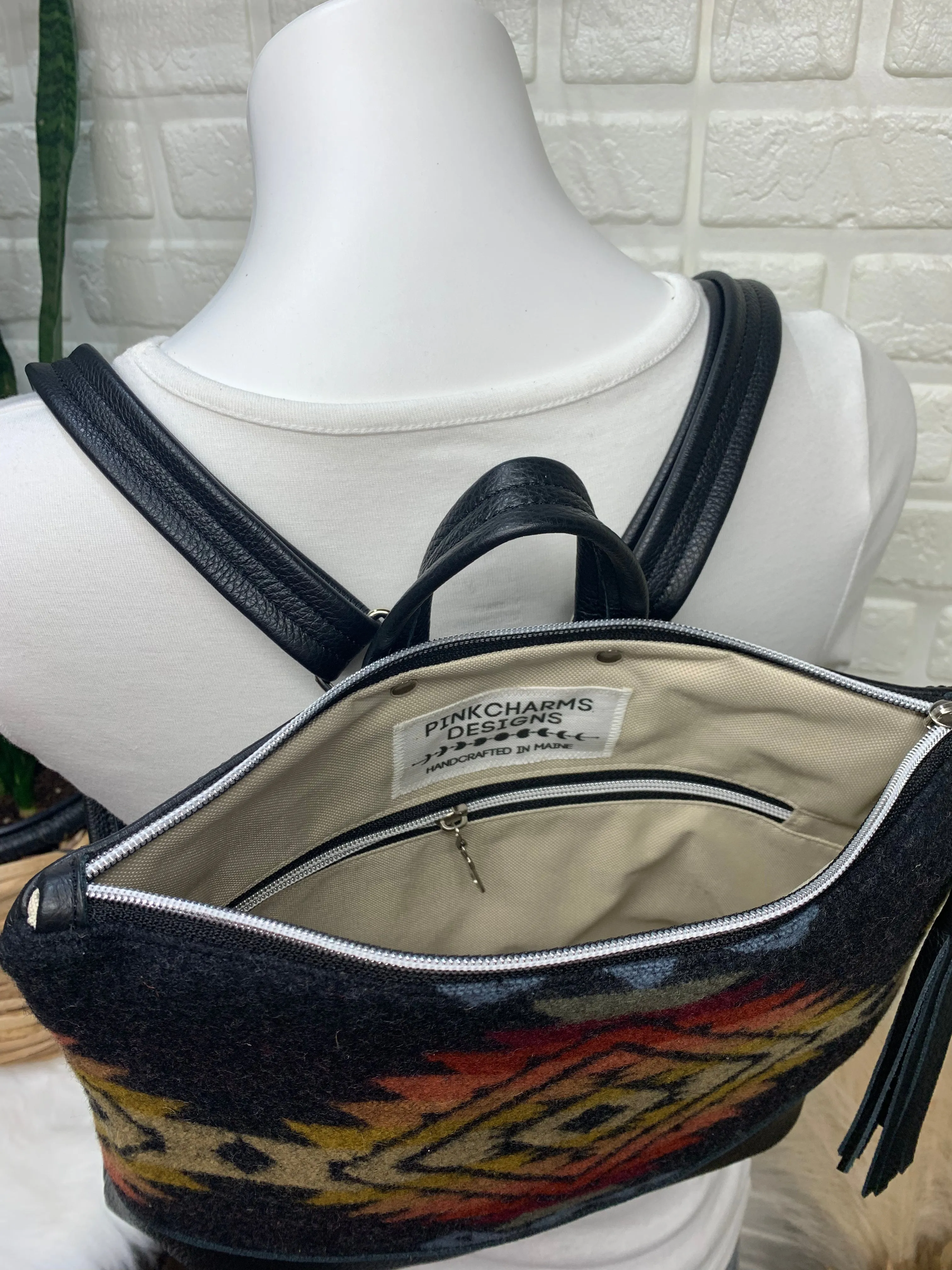 Pearl Backpack wool and black genuine leather, Pueblo Dwelling wool